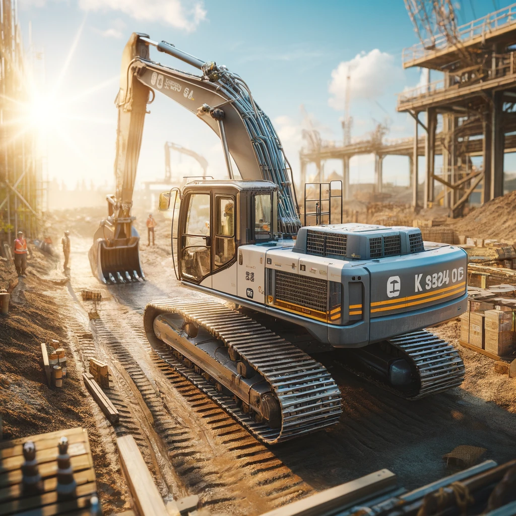 DALL·E 2024-05-15 00.23.28 – A detailed image of a Kobelco SK85CS Midi Excavator on a construction site during a sunny summer day. The scene includes the excavator in operation, w